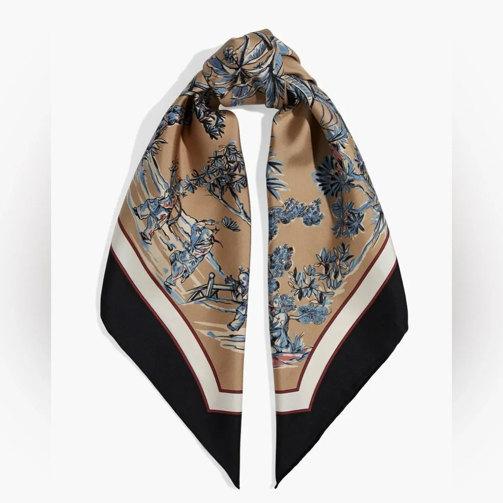 FERRAGAMO SILK TWILL JAPANESE PRINT SQUARE FOULARD SCARF Camel Black Blue